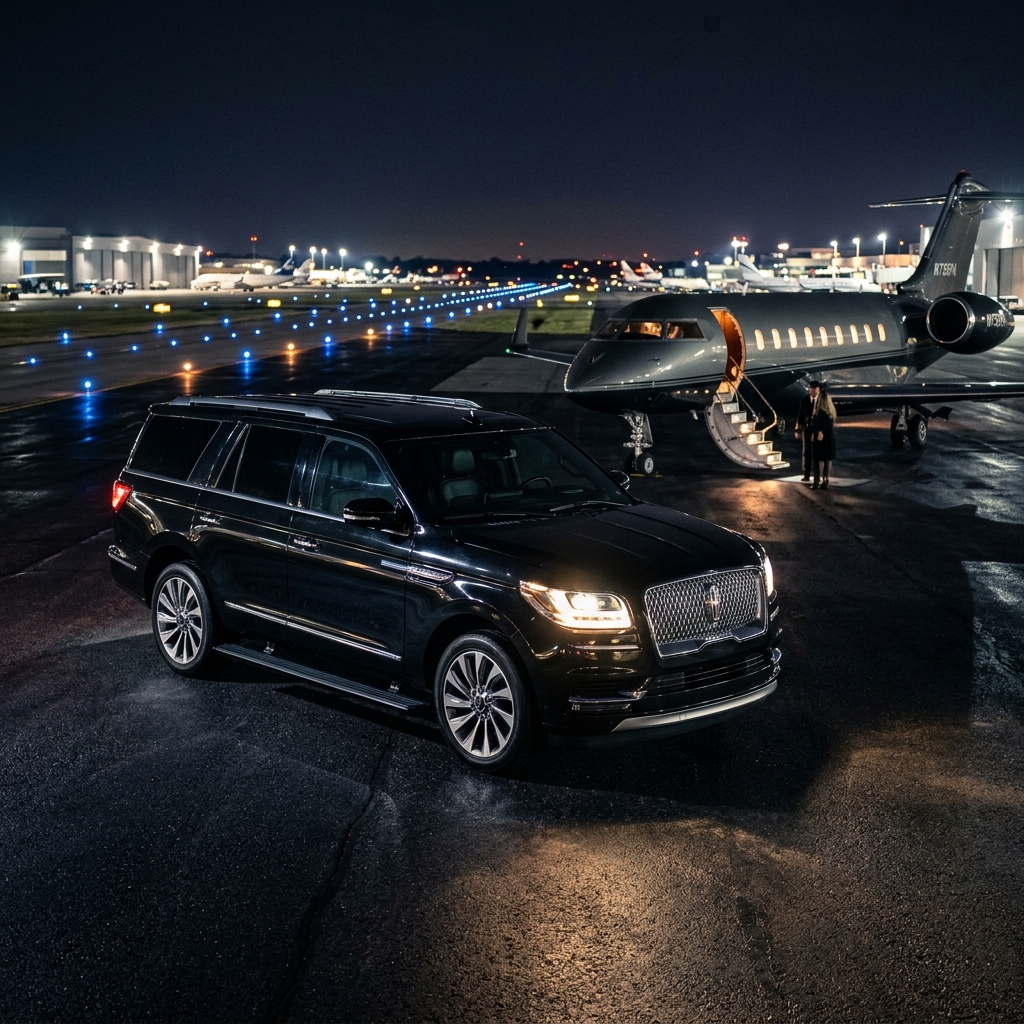 Black Lincoln Navigator SUV parked at private aviation hangar