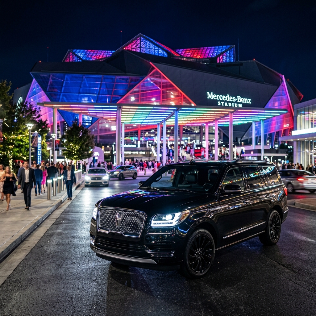 Black Lincoln Navigator SUV parked outside Atlanta Mercedes-Benz Stadium at night