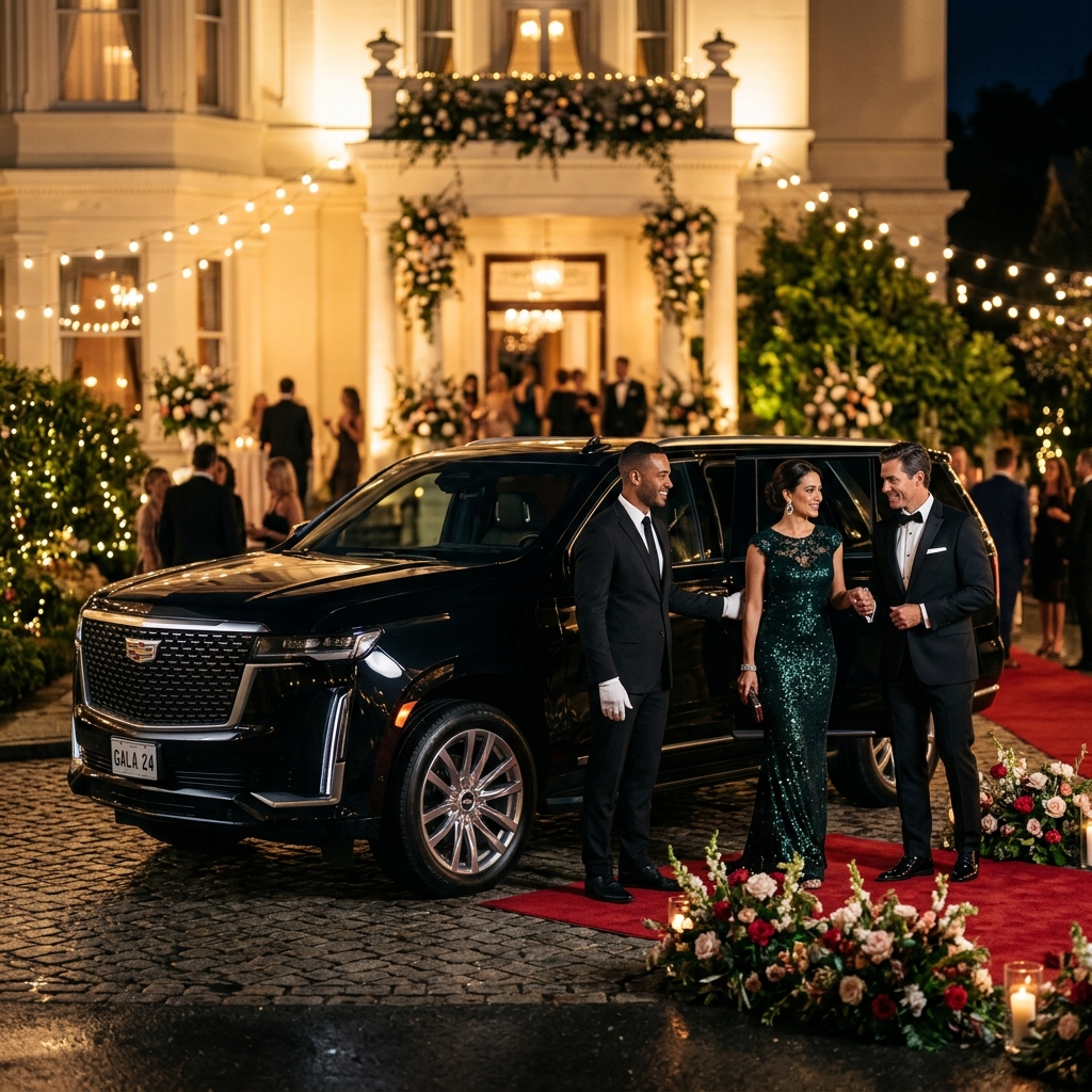 Black Lincoln Navigator luxury SUV decorated for a wedding celebration