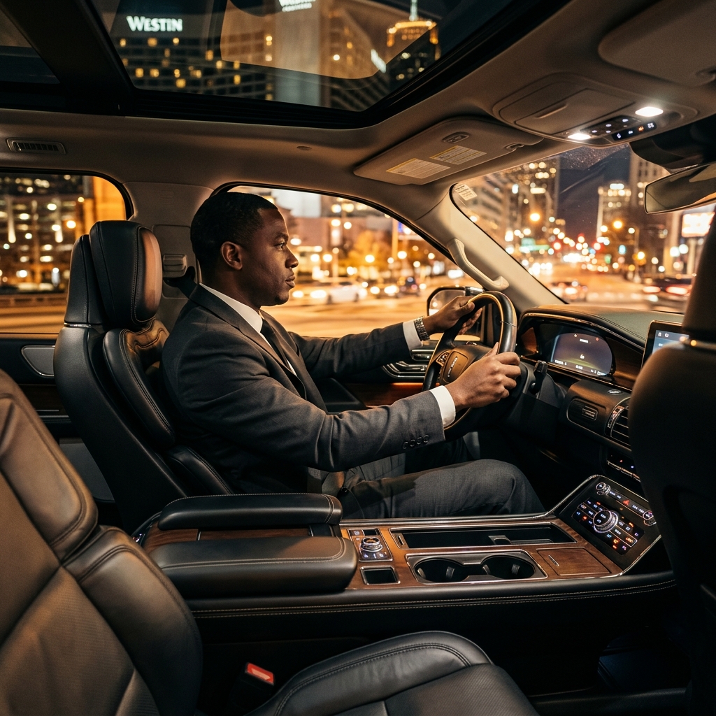 Luxury SUV cabin interior looking through to professional chauffeur steering